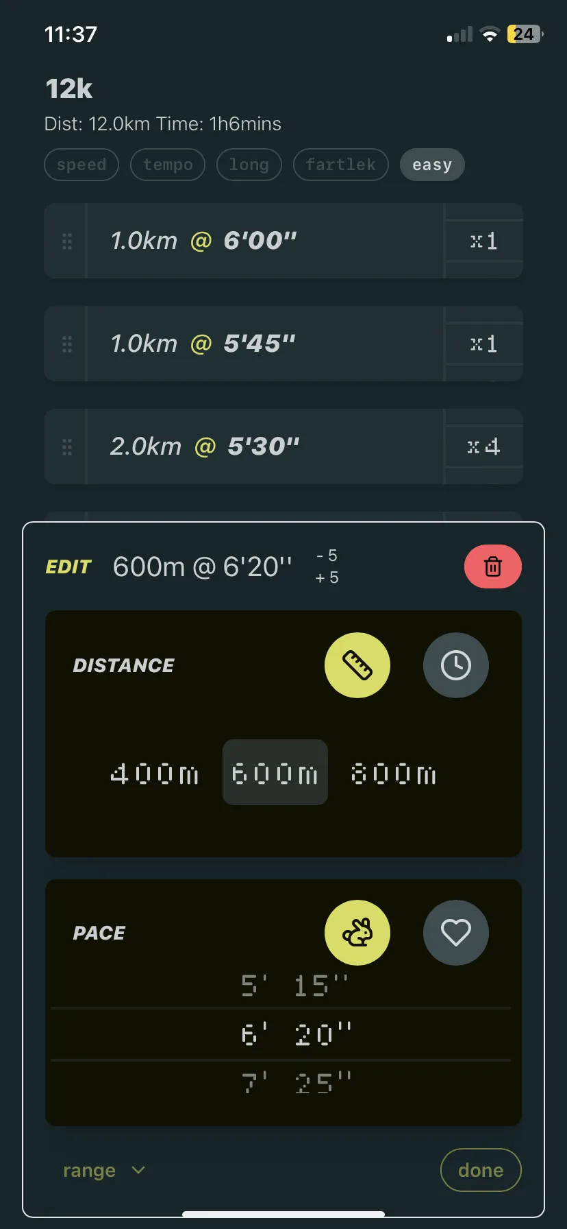 Pacing Run App Screenshot - Editing Interval