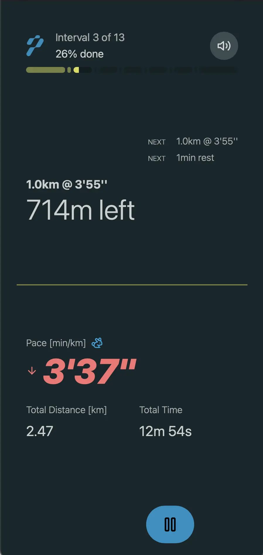 Pacing Run App Screenshot - Doing Workout Play