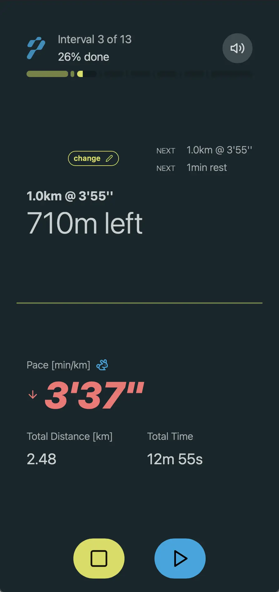 Pacing Run App Screenshot - Doing Workout Paused