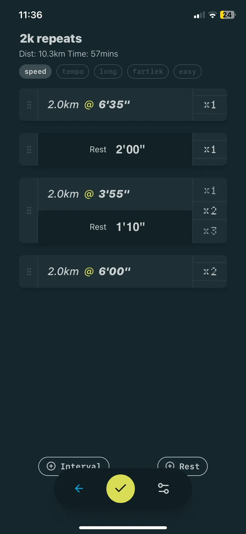 Pacing Run App Screenshot - Editing Workout